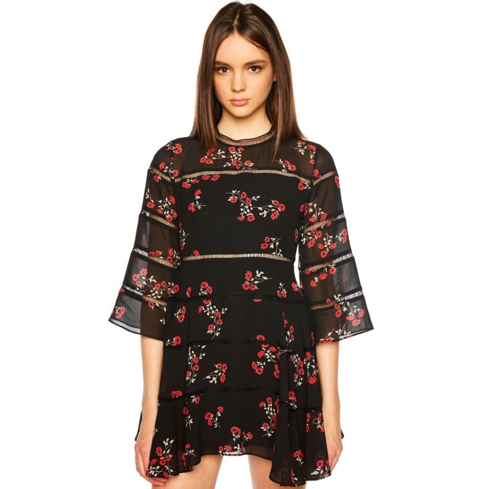 Bardot Dark Floral Poppy Print A-Line Dress Ruffle Lightweight Open Stitch